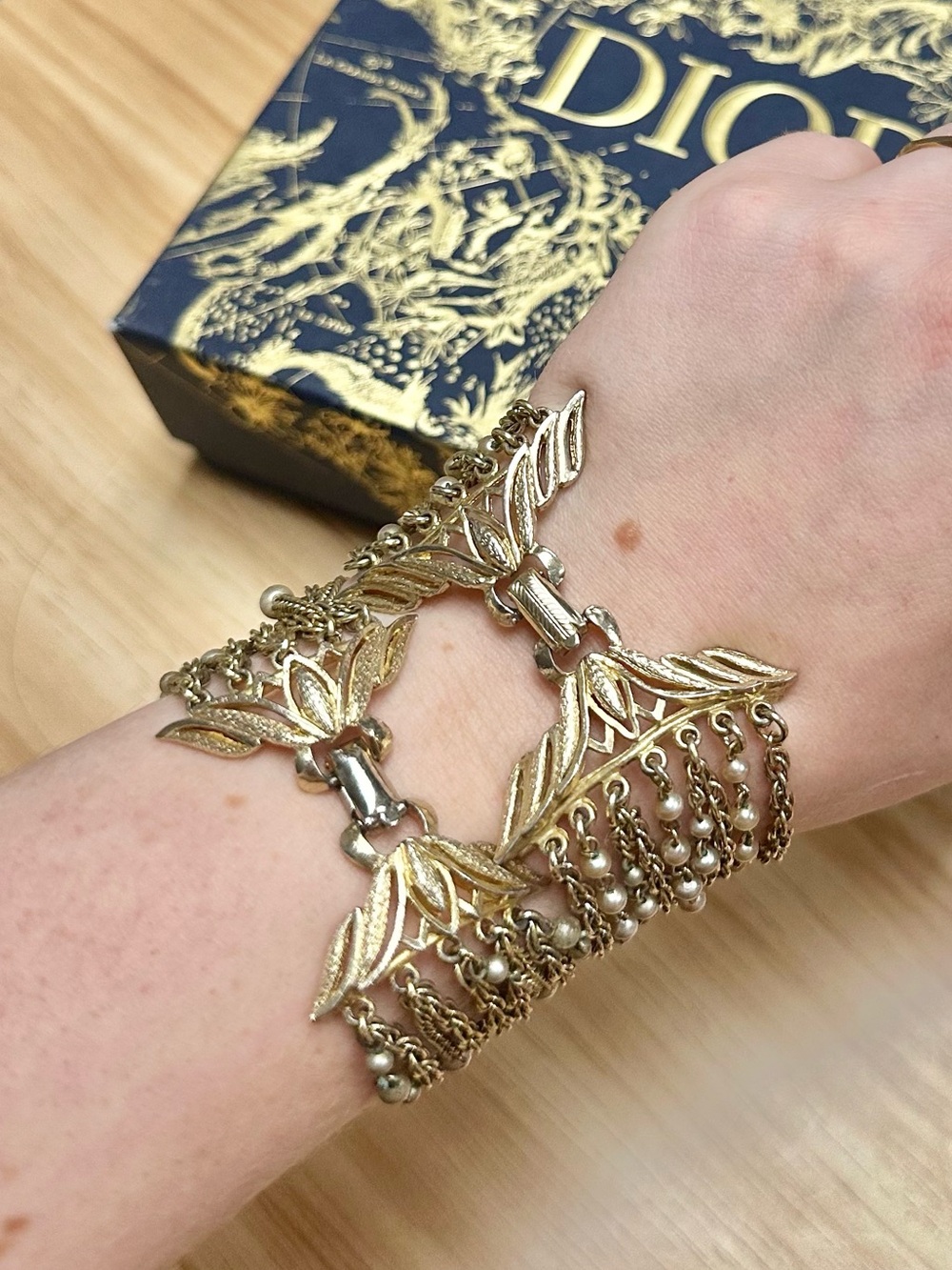 Vintage CORO 1940 WWII Era Gold Tone Faux Pearl Statement Bracelets (Pair)